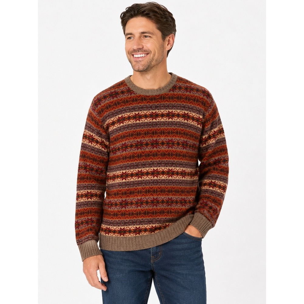 IZOD Jeans Sweater Medium Brown Fair Isle Lambswool Knit Earthy Grandpa Fall